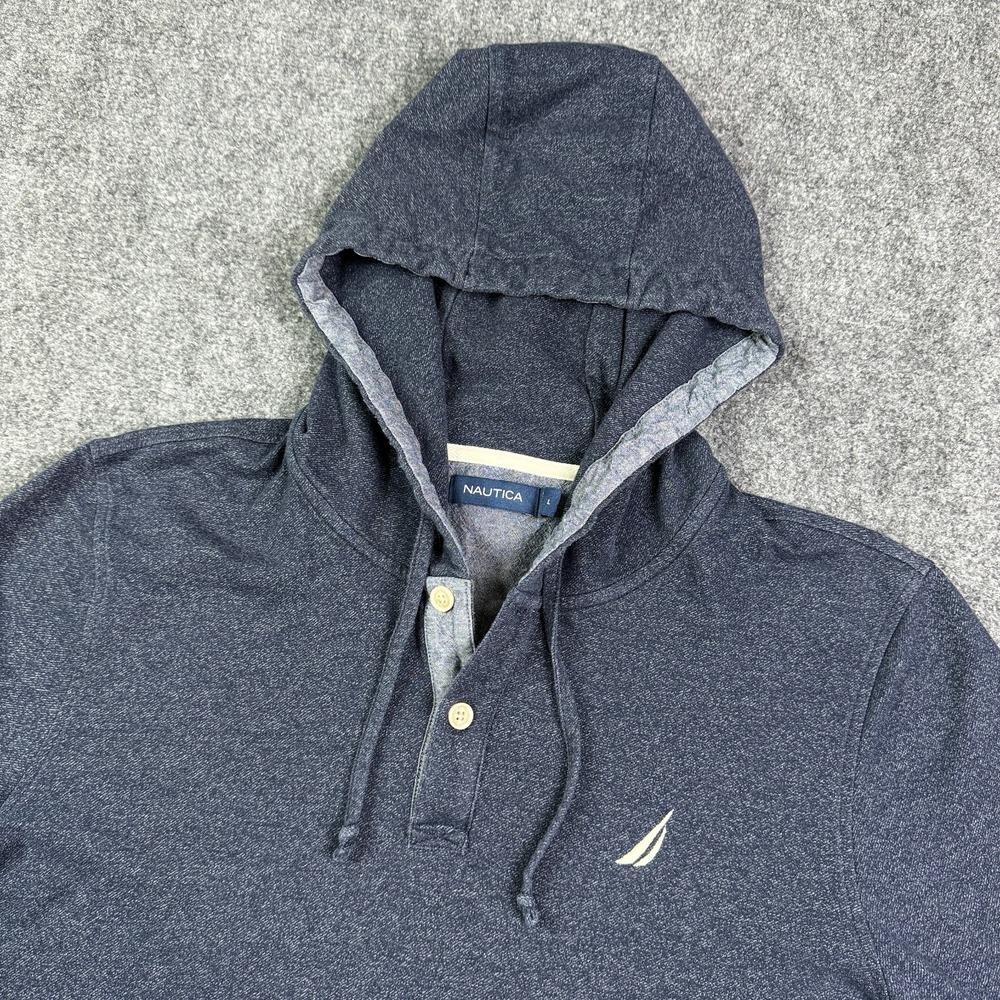 Nautica Mens Henley Hoodie Large Navy Blue Pullover Sailboat Logo Cotton